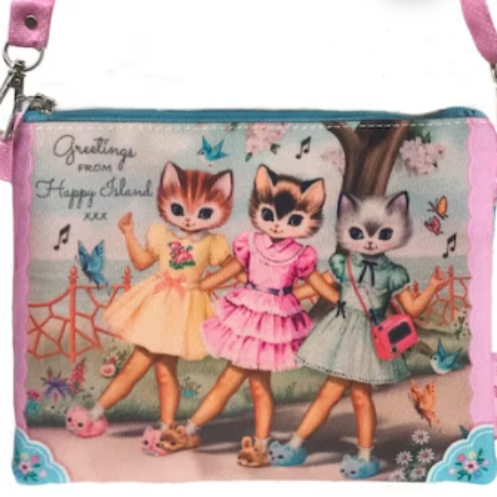 Dancing Cats Cross Body bag with adjustable straps.